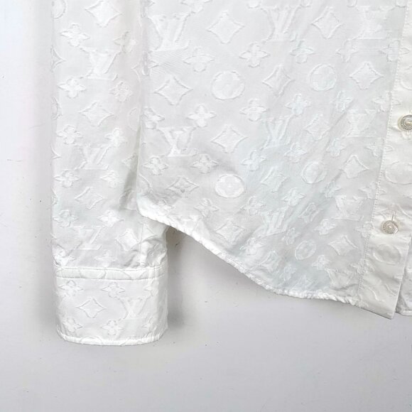 Louis Vuitton Womens White Monogram Embossed Cotton Button-Up Shirt Size 34 - Picture 4 of 7